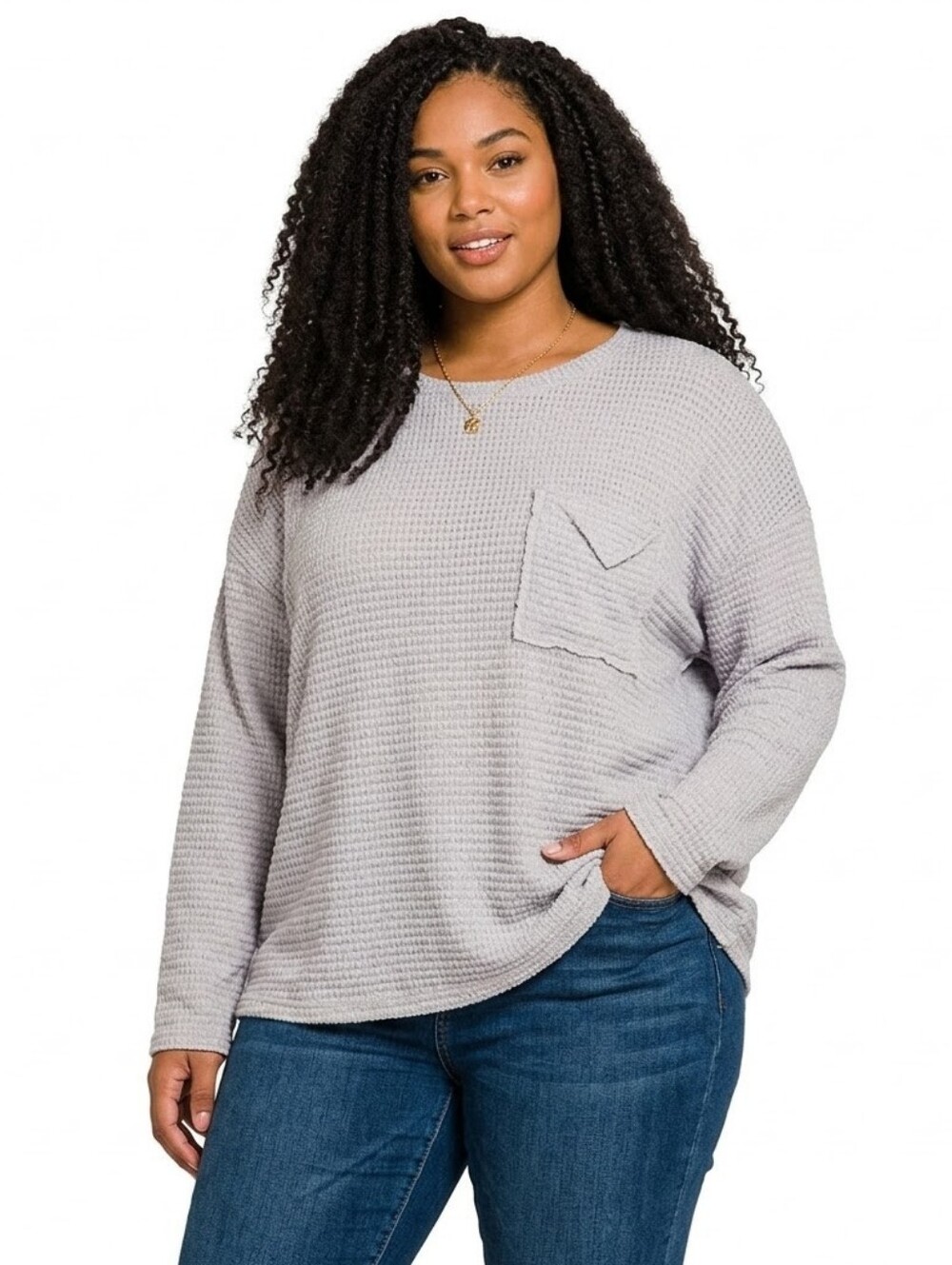 Tresics Oversized Light Gray Waffle Knit Long-Sleeve Pocket Tee
